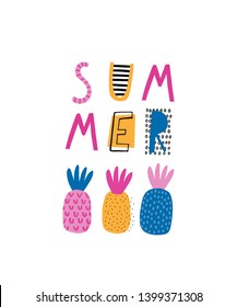 Cute creative card template with pineapple theme design: Summer. Hand Drawn. For birthday, anniversary, party invitations. Vector illustration. Pink, yellow, blue.