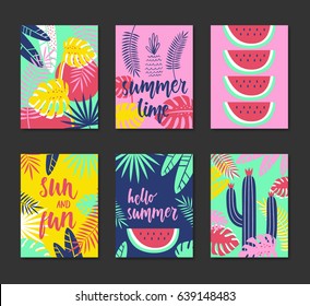 Cute creative card template: Summer time. Hand Drawn illustration with watermelons and tropical plants. Vector illustration in blue, pink, green and yellow colors.