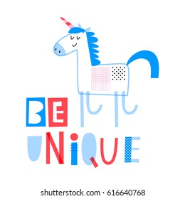 Cute creative card template with cute unicorn: be unique. Hand Drawn card for birthday, party invitations, scrapbook, T-shit print. Vector illustration in blue and red colors.