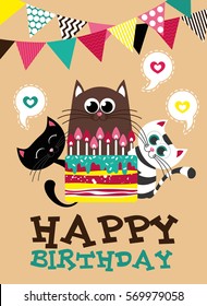 Cute creative cards templates with Happy birthday theme design. Hand Drawn card for birthday, anniversary, party invitations, scrapbooking. Vector illustration