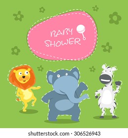 Cute creative cartoon of animals with stylish text over green background for baby shower celebrations, can be used as greeting card or invitation card design.