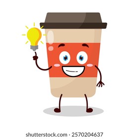 cute creative expression of coffee cup cartoon character with shiny lamp
