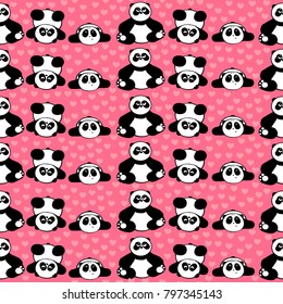 Cute and creative hand drawn panda with hearts design seamless pattern vector for prints on paper, fabric or objects