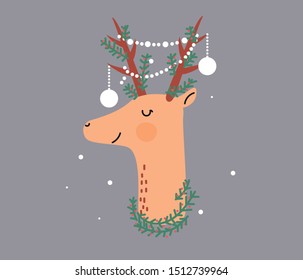 Cute and creative holiday card or poster design with a deer with decorated horns.