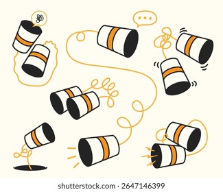 Cute and creative illustration of tin can phones connected by string. Symbolizes childhood games, communication, teamwork, and nostalgia.