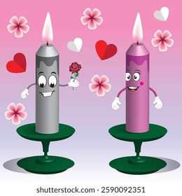 A cute and creative illustration of two anthropomorphic candles in love. The gray candle is offering a red rose to the pink candle, symbolizing affection and romance. 