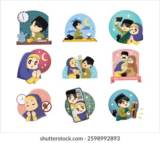 Cute and Creative Islamic Ramadan Stickers for Celebrating the Holy Month in Cartoon Style
