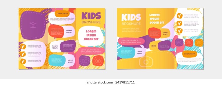 Cute creative kids multi colored cover design for advertising brochure with children pattern and abstract shapes. Corporate trifold brochure layout. Vector design