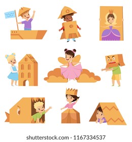 Cute creative kids playing toys and costumes made of cardboard boxes set vector Illustrations on a white background