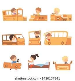 Cute Creative Kids Playing Toys Made of Cardboard Boxes Set, Cute Boys and Girls Playing Cars and Buses Made of Cardboard Boxes and Beds Cartoon Vector Illustration