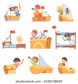 Cute Creative Kids Playing Toys Made of Cardboard Boxes Set, Cute Boys Captains Playing Ships Made of Cardboard Boxes and Beds Cartoon Vector Illustration