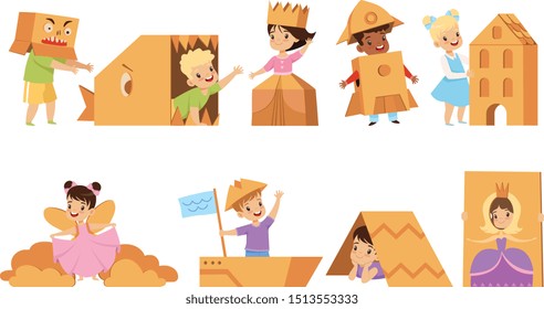 Cute creative kids playing toys and costumes made of cardboard boxes set vector Illustrations on a white background