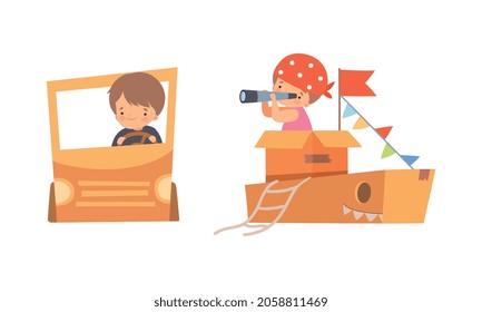 Cute Creative Little Boy Driving Pboard Car und auf Bord der Schiff Playing Toy Vector Set