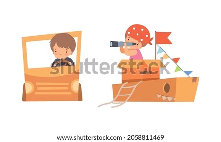 Cute Creative Little Boy Driving Cardboard Car and on Board of Ship Playing Toy Vector Set
