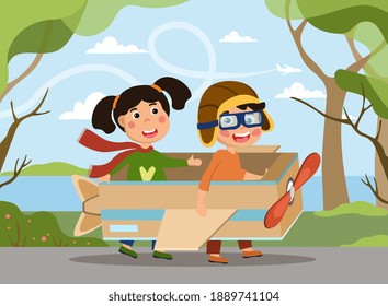 Cute creative little boy and girl playing as pilots with cardboard airplane outdoors in the park. Colored cartoon vector illustration with fictional characters