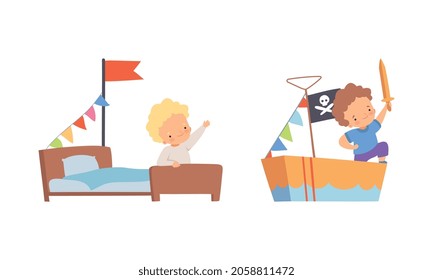 Pequeño y creativo niño pequeño que juega caja de cartón juguete y conjunto de vectores de cama