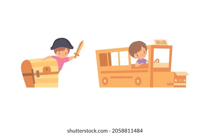 Cute Creative Little Boy Playing Toys Made of Cardboard Box Vector Set