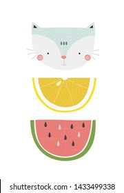 Cute and creative poster with cat's head, lemon and watermelon on a white background. Vector illustration in a scandinavian style.