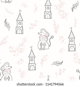 Cute creative seamless pattern with fairy theme design, tower and poodle. Minimalistic vector illustration