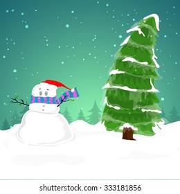 Cute creative Snowman in Santa cap with Xmas Tree on winter background for Merry Christmas celebration.