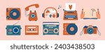 Cute creative vector illustrations with retro, vintage devices, objects. Set of illustrations with record player, typewriter, camera, tape, vinyl, book, telephone, boombox, cassette. Flat design