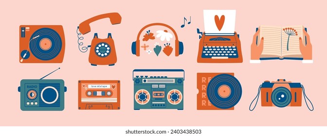 Cute creative vector illustrations with retro, vintage devices, objects. Set of illustrations with record player, typewriter, camera, tape, vinyl, book, telephone, boombox, cassette. Flat design