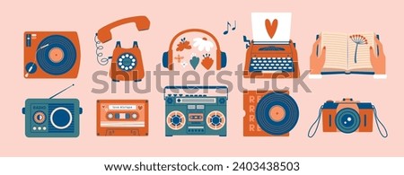 Cute creative vector illustrations with retro, vintage devices, objects. Set of illustrations with record player, typewriter, camera, tape, vinyl, book, telephone, boombox, cassette. Flat design