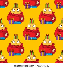 Cute Creature Coming Out from Santa Sack Christmas Seamless Pattern - Great for Christmas and Winter Projects, Wrapping Paper, Backgrounds, Wallpapers.