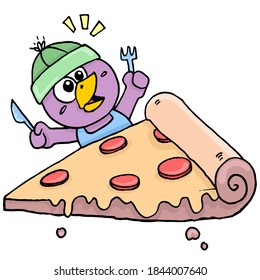 süße Kreatur isst Jumbo-Pizza. Zeichentrickaufkleber Emoticon
