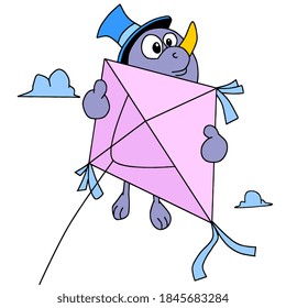 a cute creature holding a kite flying in the wind. cartoon illustration sticker emoticon