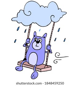 a cute creature on the swing when it rains. cartoon illustration sticker mascot emoticon
