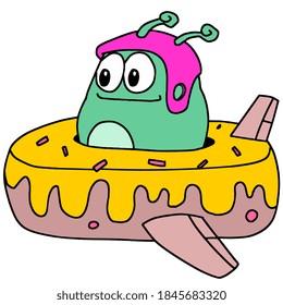 cute creature is riding on an airplane made of donuts. cartoon illustration sticker mascot emoticon