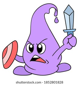 cute creatures ready for battle with swords and shields. vector illustration of cartoon doodle sticker draw