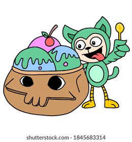 cute creatures are ready to eat a lot of ice cream. cartoon illustration sticker mascot emoticon