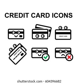 Cute Credit Card with Eyes Vector Icon Set Isolated on White Background