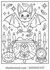 Cute creepy bat, cauldron, pumpkin, candles.Coloring book for children. Coloring book for adults. Halloween.