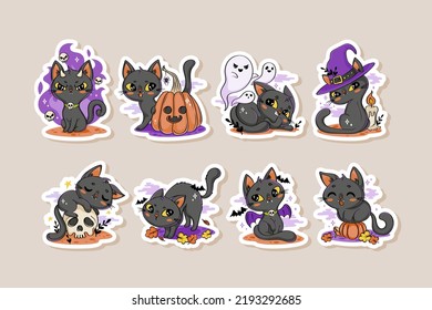 Cute   creepy black cats illustration  Autumn stickers and scary cartoon characters  Halloween collection in hand drawn style	
