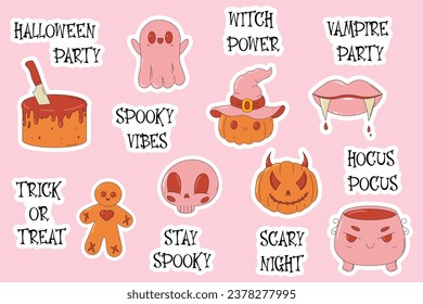 Cute and creepy cartoon characters on trendy groovy style. Funky Halloween retro stickers set. Skull, cauldron, evil gingerbread, cake, pumpkin, ghost, vampire lips.