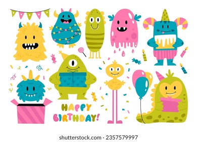 Cute creepy colorful monster cartoon character enjoying birthday party celebration isolated set. Happy alien, ugly whimsical creature mascot with festive balloon, cake and gift vector illustration