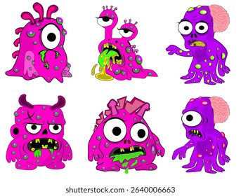 Cute and creepy germ and bacteria character icon set in cartoon style. Perfect for health, medical, kids' education, and hygiene-related content. Colorful, fun, and fully editable vector icons.
