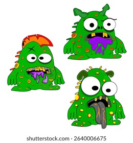 Cute and creepy germ and bacteria character icon set in cartoon style. Perfect for health, medical, kids' education, and hygiene-related content. Colorful, fun, and fully editable vector icons.