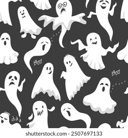 Cute creepy ghosts seamless pattern. Halloween background. Flat vector illustration for printing on fabric and paper.