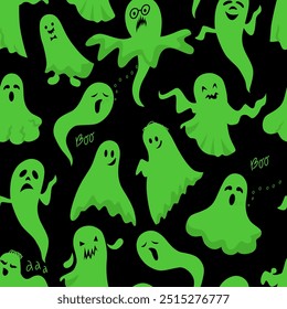 Cute creepy ghosts seamless pattern. Halloween background. Flat vector illustration for printing on fabric and paper.
