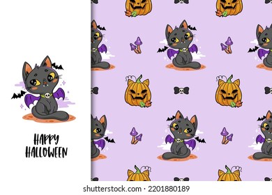 Cute And Creepy Halloween Card Print Template And Seamless Background Pattern Set. Black Cat And Pumpkin Cartoon Character