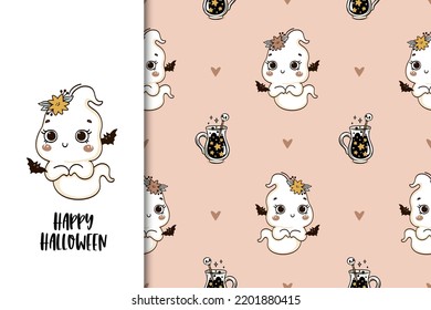 Cute and creepy Halloween card print template and seamless background pattern set. Ghost girl cartoon character