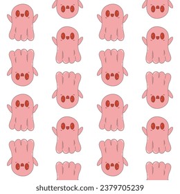 Cute and creepy Halloween character. Groovy retro cartoon ghost mascot. Spooky seamless pattern.