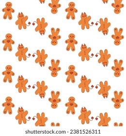 Cute and creepy Halloween character. Groovy retro cartoon evil gingerbread. Zombie demon cookie mascot. Spooky seamless pattern.