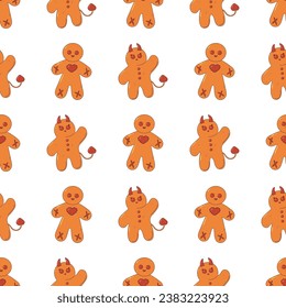 Cute and creepy Halloween character. Groovy retro cartoon evil gingerbread. Zombie demon cookie mascot. Spooky seamless pattern.