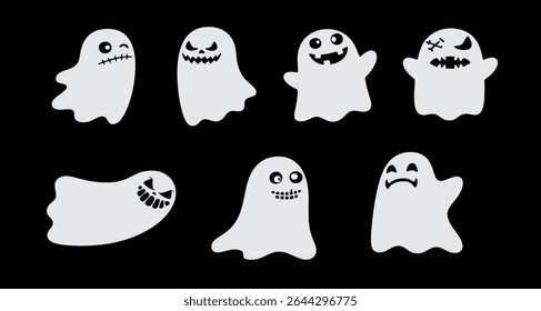 Cute and Creepy Halloween Ghost Character Set – Vector Spooky Spirits