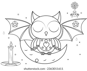 Cute Creepy Halloween Owl coloring pages for coloring book. Night Owl Witch Halloween coloring pages